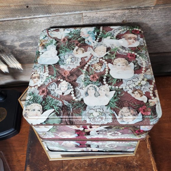 Victorian Tin Box - 8" square - Cherubs, Beads, Lace - Picture 6 of 8